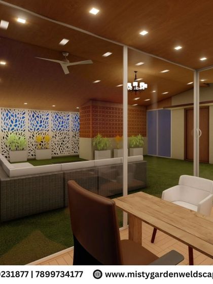 A detailed interior 3D render for a client in Sanjaynagar. This visualization helps in finalizing the layout of furniture, planters, and decorative elements like CNC panels to create a functional and stylish terrace room.