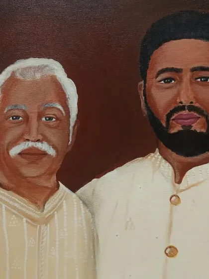 A custom acrylic portrait of a father and son, created from a photograph. I focused on capturing a strong sense of family connection and heritage in this piece.