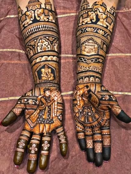 A beautiful fusion of portraiture and traditional art. This design features the couple on the palms, with a Ganesha motif for blessings and elephants symbolizing good luck.