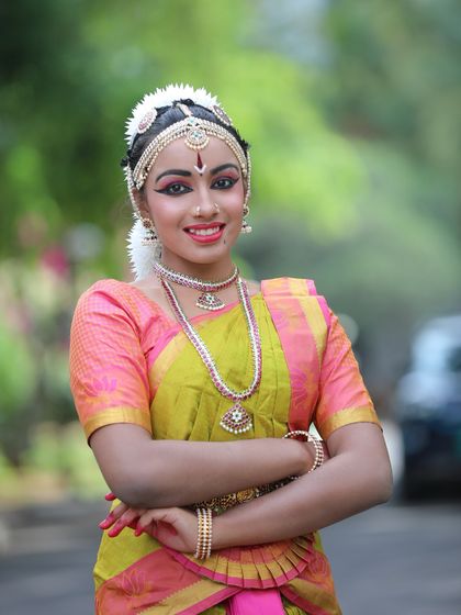 A close-up portrait of my graceful student, Veevika. Her serene expression and elegant attire reflect the poise and confidence that is nurtured through years of classical dance training.