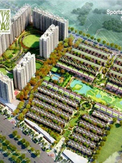 An aerial perspective of Sports City in Noida, a large-scale mixed-use development integrating high-rise apartments with plotted villa communities. This master plan demonstrates our ability to design diverse housing typologies alongside extensive green networks and recreational facilities.