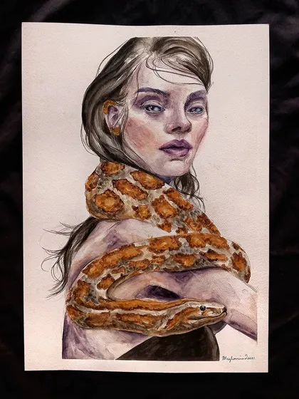 "Wild lives in her soul" is a watercolor painting where I explored themes of inner strength and our connection to the natural world. The detail in the snake and the subject's expression was a meditative process, aiming to capture a quiet but powerful intensity.
