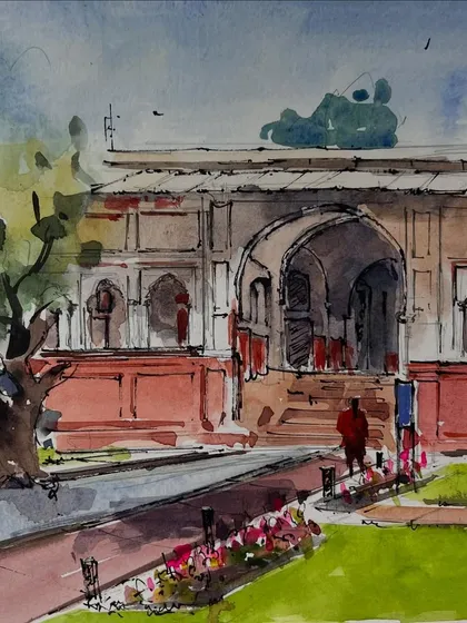 A detailed view of the Sher Mandal sketch, highlighting the ink lines and watercolor washes that bring the architecture to life.