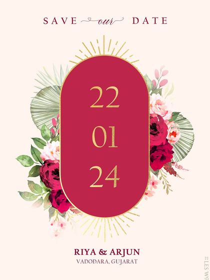 The full view of the floral and magenta Save the Date design. This style is perfect for couples looking for something vibrant, stylish, and a little different from traditional invitations.