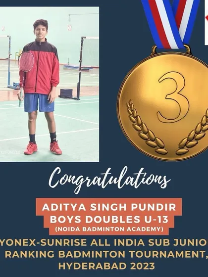 We proudly congratulate Aditya Singh Pundir for winning a bronze medal in the Boys Doubles U-13 category at the Yonex-Sunrise All India Sub Junior Ranking Tournament in Hyderabad.