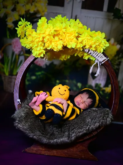 An adorable "bumblebee" themed newborn shoot. This little one is snuggled in a hanging basket prop with a cute stuffed bee, surrounded by bright yellow flowers.