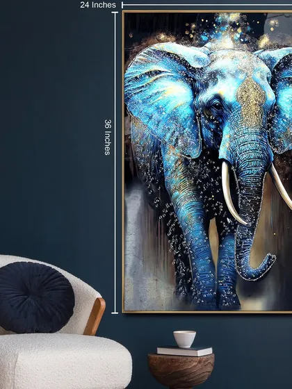 Our majestic blue elephant crystal glass painting measures 24 by 36 inches, making it a substantial piece of art perfect for a feature wall in your living room or office.