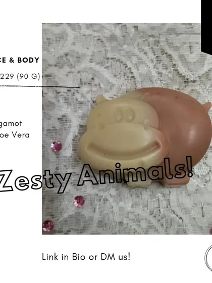 My playful 'Zesty Animals' soap, shaped like a hippo and scented with Bergamot. A fun and gentle soap that's great for kids.