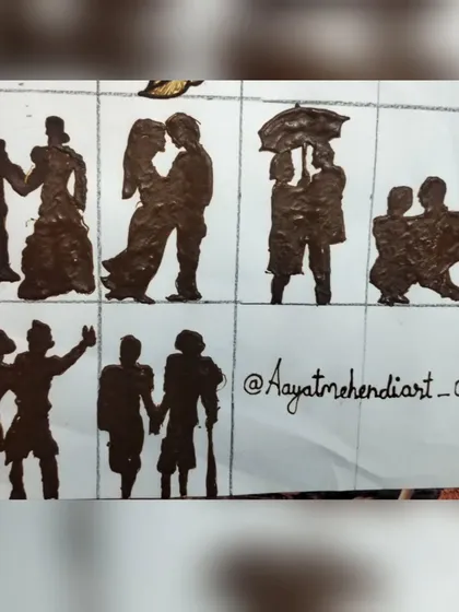 A practice sheet showcasing various couple silhouettes that can be incorporated into a bridal or Karwa Chauth mehendi design.