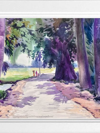 A 22x30 inch watercolor on handmade paper, framed to highlight the peaceful scene of a path shaded by large, purple-toned trees.