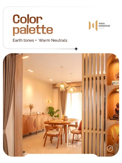 An example of a Japandi color palette, using earth tones and warm neutrals in this dining area to create a calm and inviting atmosphere.