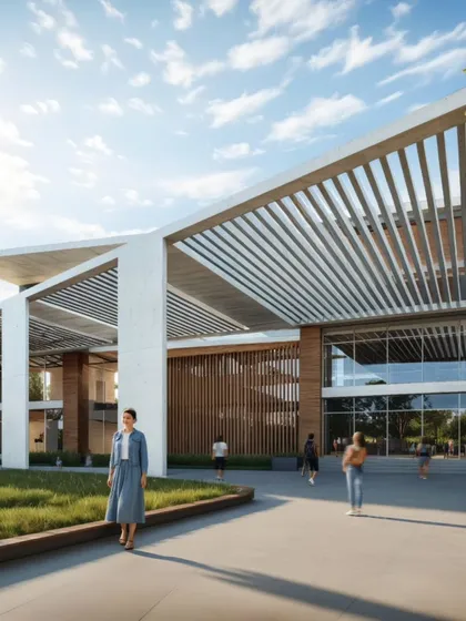 A closer look at the entrance of the North Karnataka college, highlighting the interplay between the strong vertical pillars and the horizontal lines of the pergola. This detail demonstrates our focus on creating architecturally significant entryways that are both impressive and human-scaled.