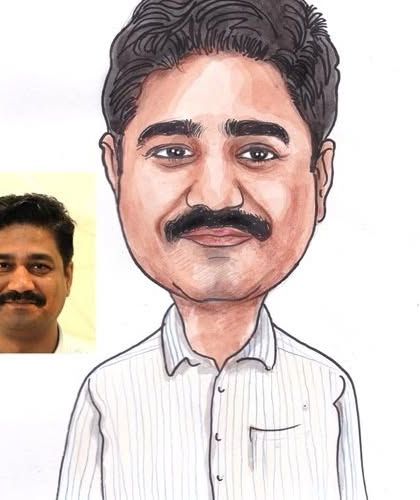 A close-up of a handmade caricature, showing the watercolor and ink details.