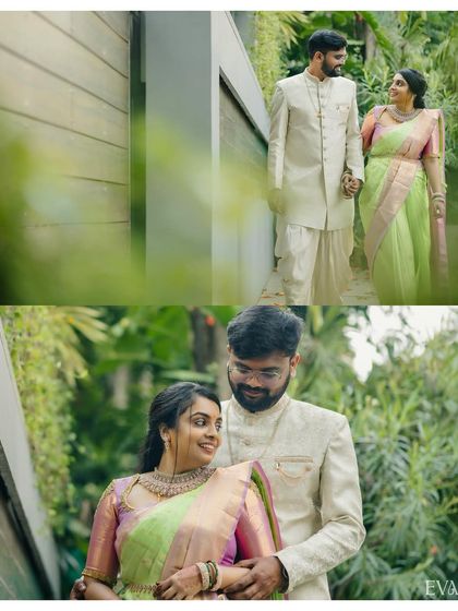 Two moments in one: the couple walking hand-in-hand and a loving close-up, perfectly summarizing their engagement.
