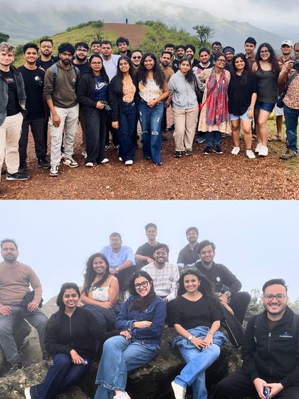 A collage of our happy travelers in Chikmagalur, posing on a hilltop and relaxing on the trail. These trips are all about enjoying nature with new friends.