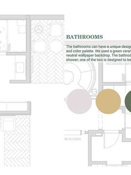 A floor plan and color palette for the bathrooms in 'The Reserved Lounges'. This drawing shows the layout of the accessible and standard bathrooms, both designed with a consistent, high-end aesthetic.
