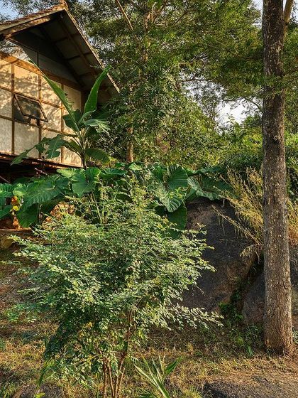 The completed prefab cottage nestled into a rocky, green landscape. The design shows how prefabricated structures can be beautifully integrated with nature, using stilts to minimize site disturbance.