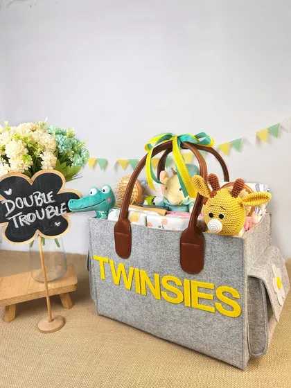 A slightly different angle of the 'Twinsies' gift bag, showing more of the contents. Providing multiple angles is key for online stores.