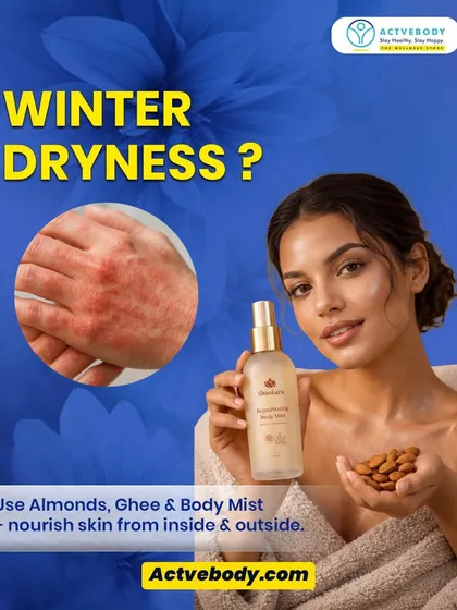 Battling winter dryness? This image shows how to nourish your skin from the inside and out by using almonds, ghee, and a rejuvenating body mist to stay soft, supple, and radiant.