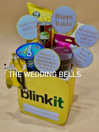 A side view of our Blinkit-themed Rakhi hamper, perfect for the brother who is always just a click away from ordering what you need.