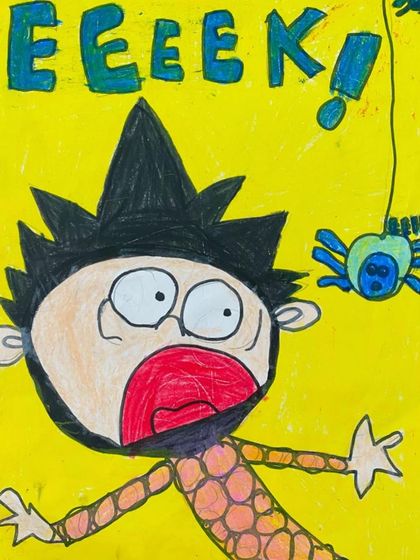 EEEK. A classic cartoon expression of fear. This drawing effectively uses wide eyes, an open mouth, and spiky hair to convey a feeling of shock and surprise.