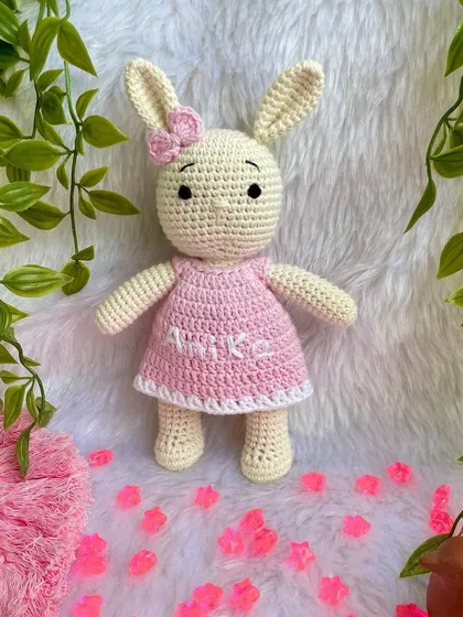 My bestseller bunny in a soft pink dress, personalized with the name "Anika". This is a classic design that is always a hit as a baby shower or birthday gift.
