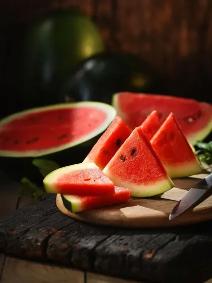 This photograph uses the contrast between the bright red watermelon and the dark, rustic background to make the fruit pop. It’s a simple yet powerful composition for food advertising.