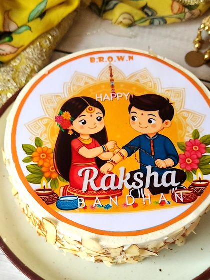 Celebrate the bond of siblings with our special Raksha Bandhan cake. This one features an edible print on top of a delicious cake, perfect for your Rakhi celebrations.