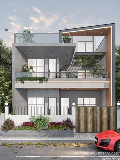 A 3D render for a home in Bhopal, showcasing a modern design with clean geometry, a cantilevered roof, and a mix of smooth plaster and textured surfaces.