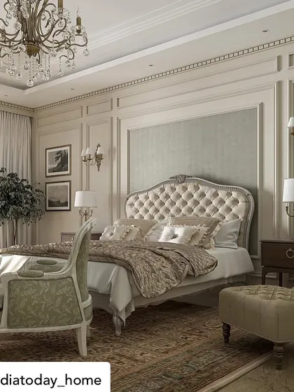 A detail of another bedroom from "The Colonial House," showcasing a beautifully upholstered bed with a carved frame and luxurious bedding. The space is a sanctuary that celebrates the finer things in life.