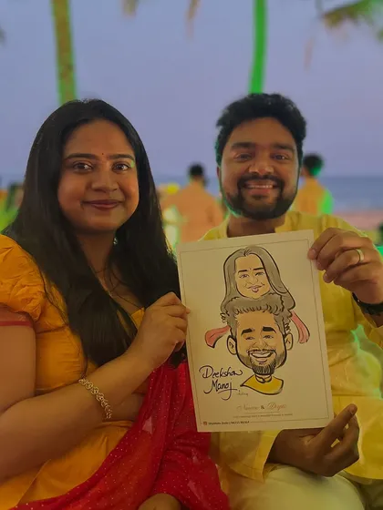 Capturing the joy of this couple at a beautiful outdoor function. The vibrant colors of their outfits were so much fun to incorporate into the drawing.