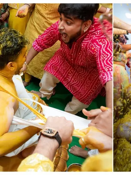 The beautiful chaos of a haldi ceremony. This collage shows the playful smearing of turmeric and the couple being joyfully covered in flower petals, showcasing the fun and energy of this beloved pre-wedding ritual.
