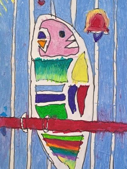 A very abstract and colorful parrot. This piece shows a student experimenting with bold colors and expressive lines.
