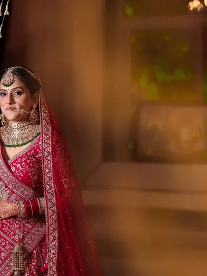 A full-length portrait of the bride in her stunning red lehenga, standing by a curtain of flowers, looking regal and elegant at her destination wedding.