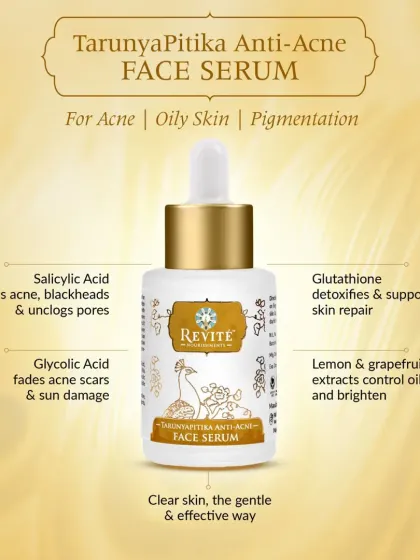 For acne, oily skin, and pigmentation, I created the TarunyaPitika Anti-Acne Face Serum. It uses Salicylic Acid to fight acne, Glycolic Acid to fade scars, and Glutathione to support skin repair.