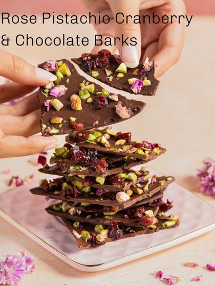 Our Rose Pistachio Cranberry & Chocolate Barks are a beautiful and delicious treat, perfect for gifting or personal indulgence.