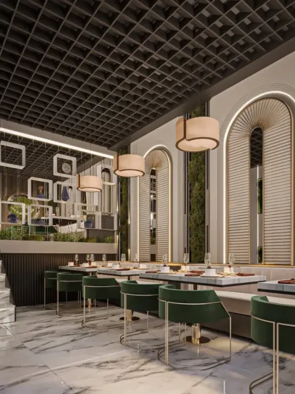 This restaurant interior features elegant arched wall panels and marble flooring, complemented by deep green chairs and sophisticated lighting. The design creates a refined atmosphere perfect for an upscale dining experience.