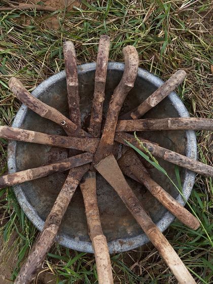 The tools of our trade, the humble sickles and taslas, arranged in a circle. These objects represent the unseen labour that keeps our city alive and are given a second life through our recycling and art initiatives.