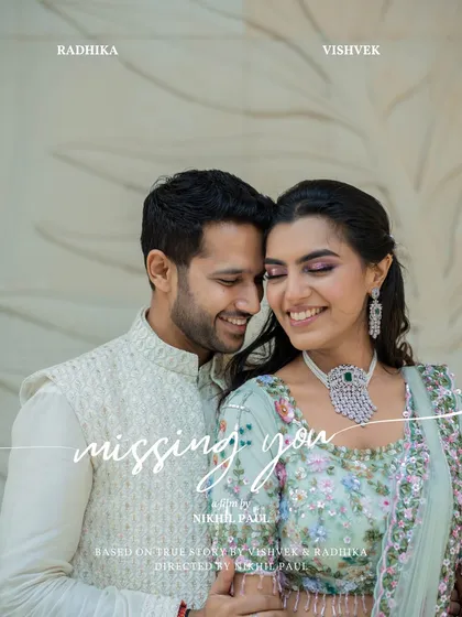 A cinematic poster-style edit for a couple's pre-wedding film. This image captures a tender moment and uses typography to frame it as a true story, adding to the romantic, movie-like feel.