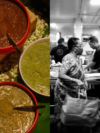 A split image showing the authentic chutneys and the behind-the-scenes action at our Chettinad Diwali event.