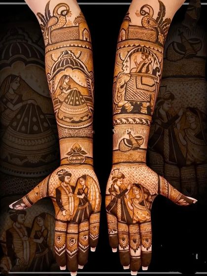 A full story of a royal wedding, this design includes the bride in her doli, a baraat procession, and the couple exchanging garlands, all in a traditional Rajasthani style.