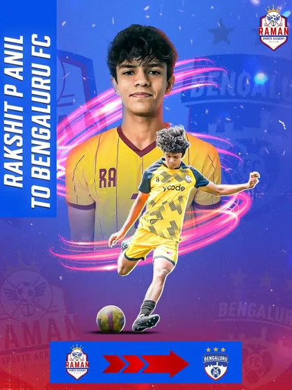 A proud moment for the entire RSA family. This graphic celebrates our player Rakshit P Anil's selection into the Bengaluru FC Reserve Team, a testament to our professional pathway program.