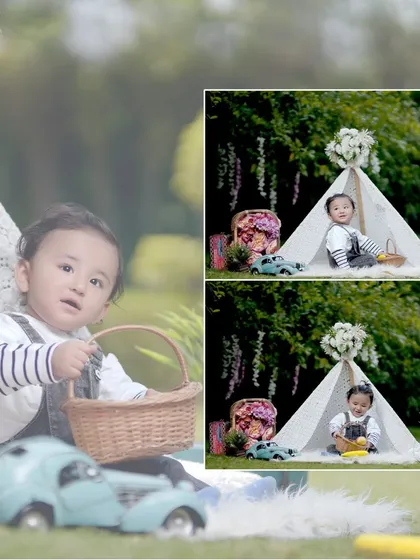 A collage-style image from a styled outdoor shoot, showing different angles and moments from the teepee setup.