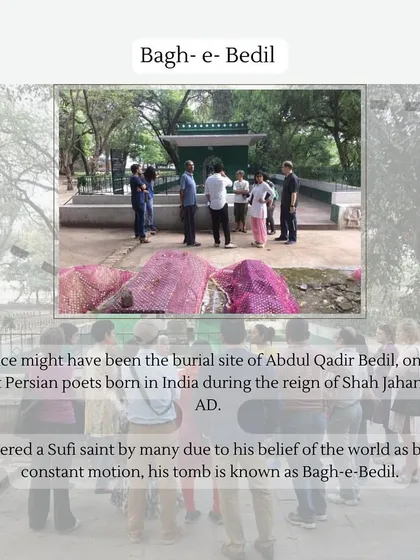 The tomb of Abdul Qadir Bedil, a highly esteemed 17th-century Persian poet. His garden-tomb, Bagh-e-Bedil, is a place of pilgrimage for poetry lovers from Central Asia.