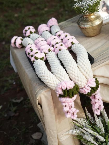 Here are the two matching varmalas, ready for the wedding. I use high quality, soft yarn to ensure they not only look great in photos but also feel special to hold and wear.