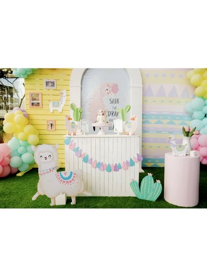 A closer view of the Llama party dessert table, with a 'Save the Drama for Your Llama' sign.
