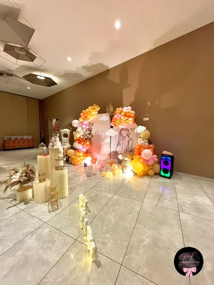 Another angle of the full event setup, showcasing how all the decorative elements come together to transform the space for a memorable baby shower.