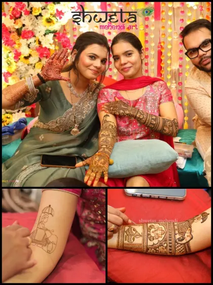 This collage shows the bride with her sister and details of her story mehendi. You can see a fun scooter motif being drawn, adding a personal and modern touch to her design.