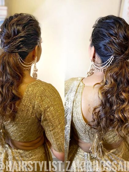 A dual-angle view of the wet-look ponytail, showing the textured details and how it's complemented by the client's earrings.