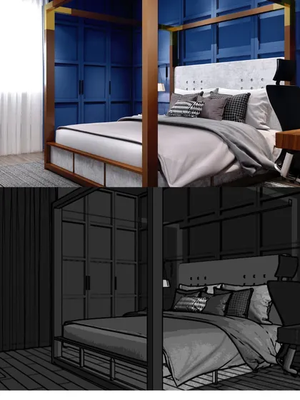 This image illustrates our design process, showing the transition from a 2D wireframe sketch to a fully rendered 3D visual. This particular bedroom design features a bold blue paneled wall and a four-poster bed, showcasing how we visualize and refine every detail.